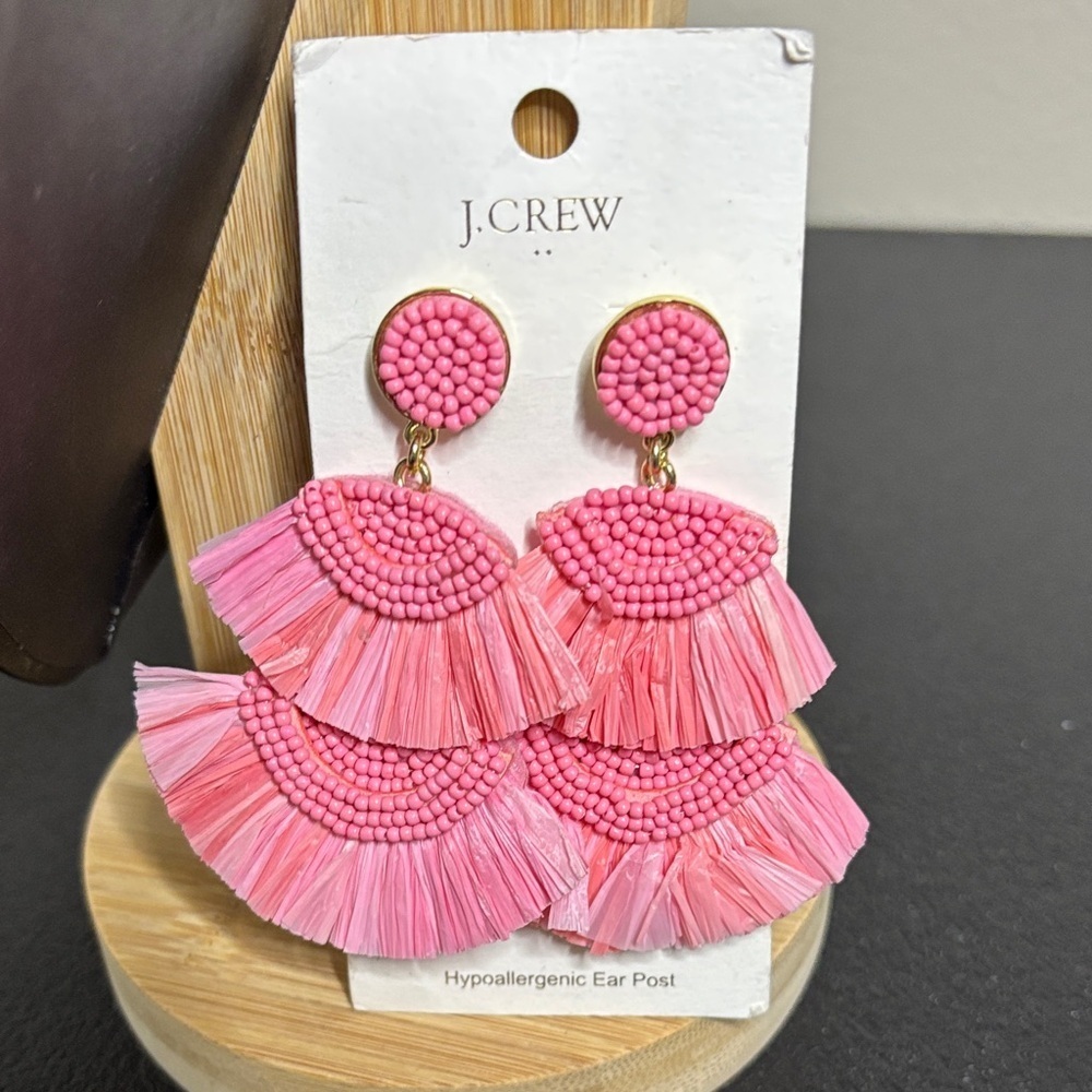 NWT J. Crew Beaded Earrings Macrame Fan Statement Pink Color